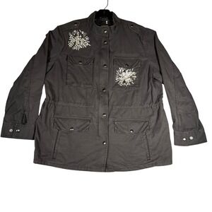 GAP Womens‎ XL Grey Embellished Utility Jacket Beaded Sequin Field Coat Cotton